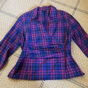 Plaid,deep v, wrap blouse